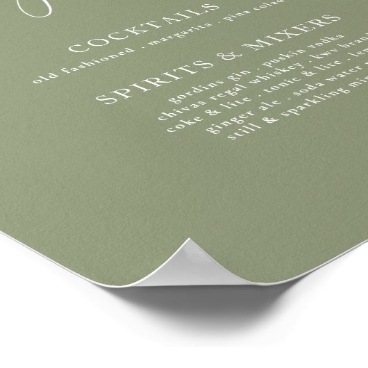 Poster Sage Green Calligraphie Mariage Signature Boissons (Coin)