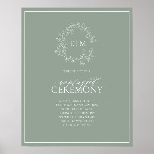 Poster Sage Green Crest Monogramme Mariage débranché (Devant)