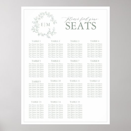 Poster Sage Green Crest Monogramme Mariage Siège (Devant)