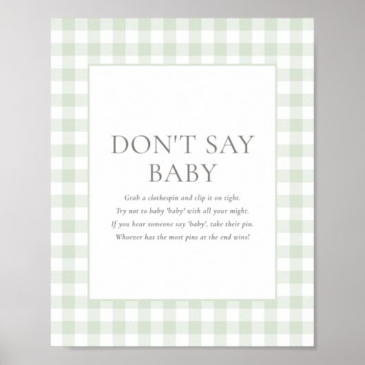 Poster Sage Green En vichy Baby shower Ne pas dire bébé s (Devant)