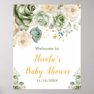Poster Sage Green et Crème Floral Baby shower Bienvenue