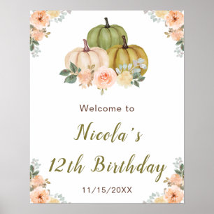 Poster Sage Green et Peach Floral Citrouille Anniversaire