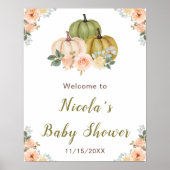 Poster Sage Green et Peach Floral Citrouille Baby shower (Devant)