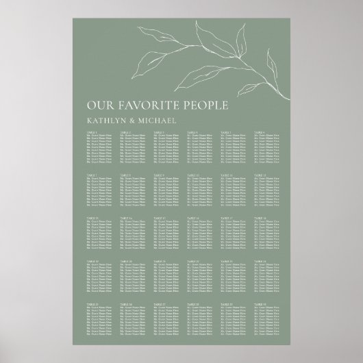 Poster Sage Green Feuille d'olive Mariage 30 Table Sièges (Devant)