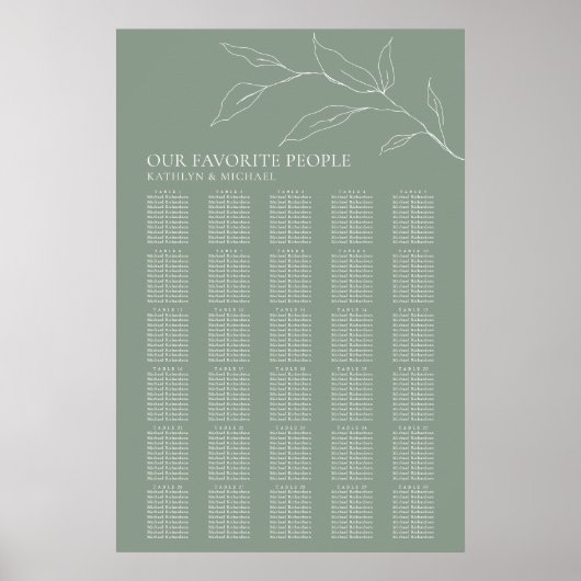 Poster Sage Green Feuille d'olive Mariage 30 Table Sièges (Devant)