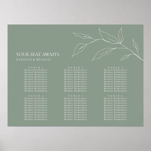 Poster Sage Green Feuille d'olive Mariage 6 Table Sièges (Devant)