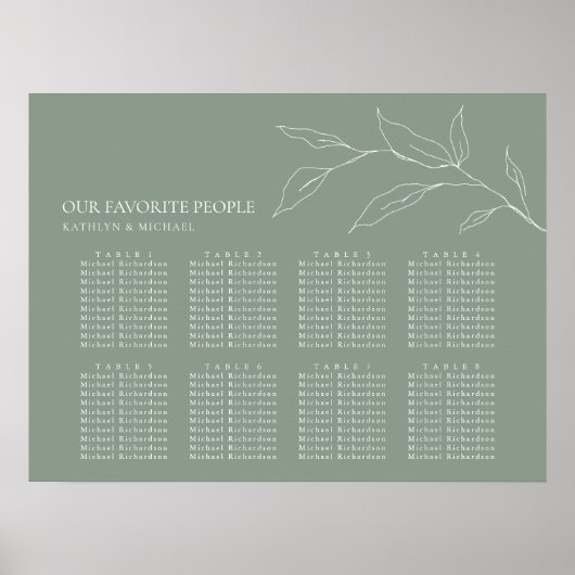 Poster Sage Green Feuille d'olive Mariage 8 Table Sièges (Devant)