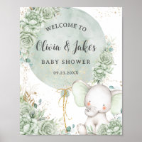 Sage Green Floral Elephant Baby shower neutre