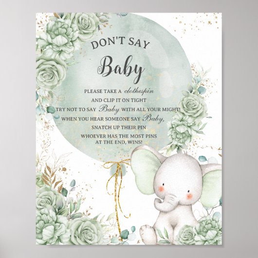 Poster Sage Green Floral Elephant Ne pas dire Baby Game (Devant)