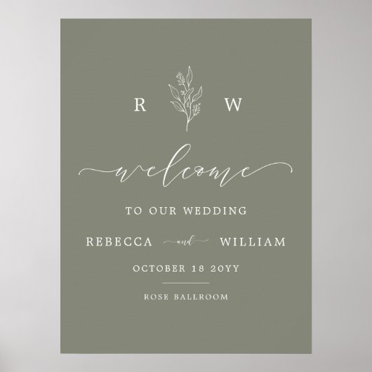 Poster Sage Green Floral Monogramme Script Mariage de bie (Devant)