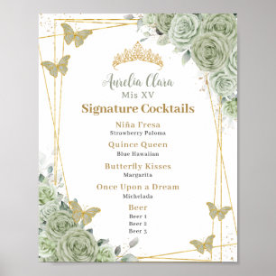 Poster Sage Green Floral Quinceanera Signature Cocktails