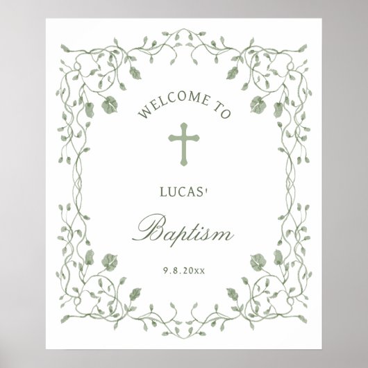 Poster Sage Green Foliage Frame Baptism Welcome (Devant)