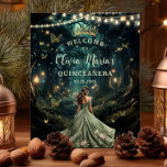 Poster Sage Green Forêt Enchantée Quinceañera Bienvenue<br><div class="desc">Personnalisez ce poster enchanteur Quinceañera / Sweet 16 anniversaire signe de bienvenue facilement et rapidement. Cliquez simplement sur le bouton Modifier à l'aide des outils de conception pour modifier le texte, modifier les styles de police et les couleurs de police. Doté d'une jeune fille habillée d'une belle robe brodée couleur...</div>