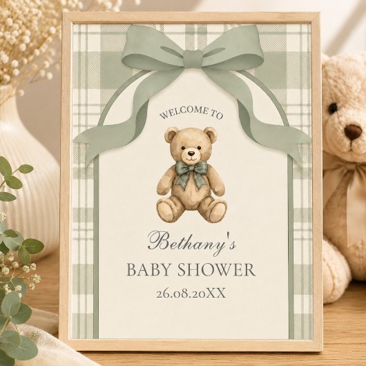 Poster Sage Green Gingham Teddy Bear Bienvenue