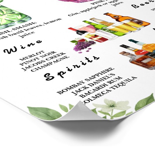 Poster Sage Green Greenery Bar Menu Mariage Boisson Signa (Coin)