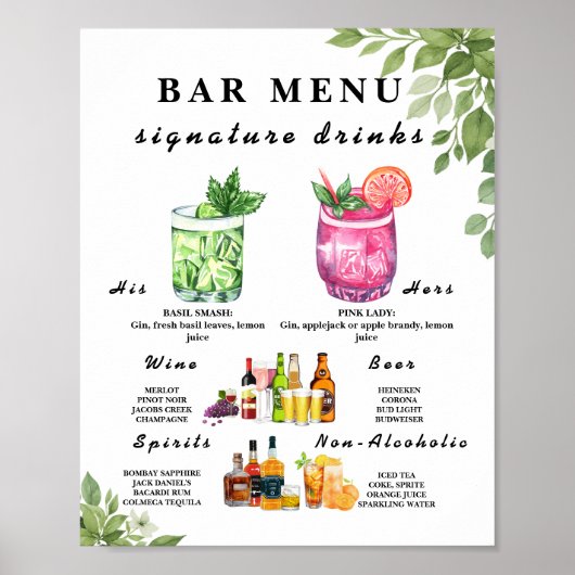 Poster Sage Green Greenery Bar Menu Mariage Boisson Signa (Devant)
