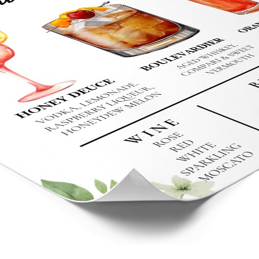 Poster Sage Green Greenery Bar Menu Mariage Boisson Signa (Coin)
