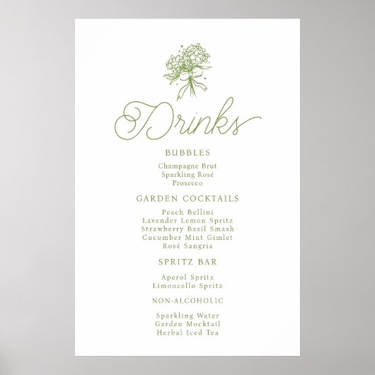Poster Sage Green Hydrangea Drinks Menu Sign (Devant)