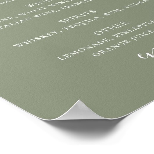 Poster Sage green script mariage alcool menu bar boissons (Coin)