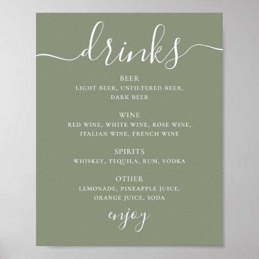 Poster Sage green script mariage alcool menu bar boissons (Devant)