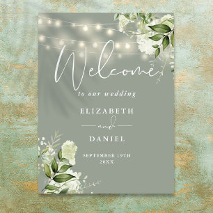 Poster Sage Green String Lights Floral Mariage Welcome