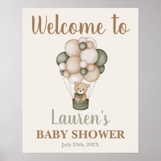 Poster Sage Green Teddy Bear Baby shower de bienvenue (Devant)