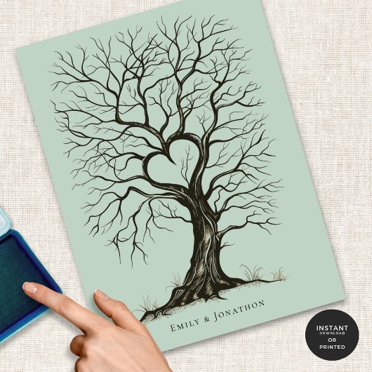 Poster Sage Green ThumbPrint Tree Mariage Livre d'invités