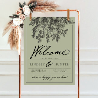 Poster Sage Green Vintage Floral Script Wedding Welcome