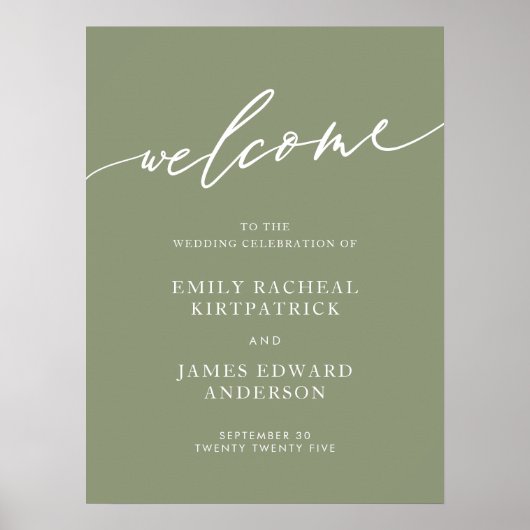 Poster Sage Green Welcome Calligraphie Mariage simple (Devant)