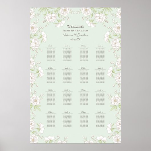 Poster Sage Green White Rose Wedding Seating Chart (Devant)