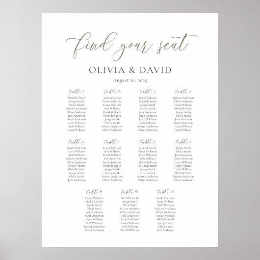 Poster Sage Script 11 table Seating Chart Trouvez votre s (Devant)