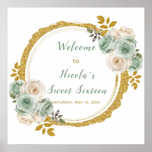 Poster Sage Vert et or Elegant Fleurs Sweet sixteen (Devant)