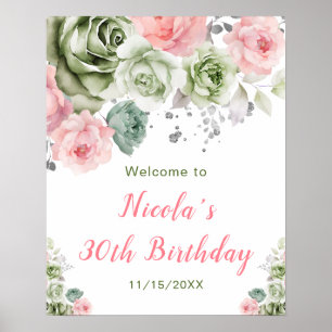 Poster Sage Vert et rose Floral Accueil d'anniversaire