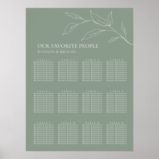 Poster Sage Vert Feuille d'olive Mariage 12 Table Sièges (Devant)