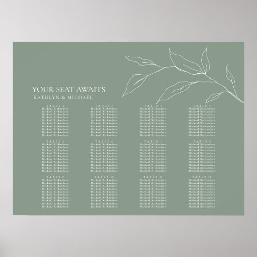 Poster Sage Vert Feuille d'olive Mariage 12 Table Sièges (Devant)