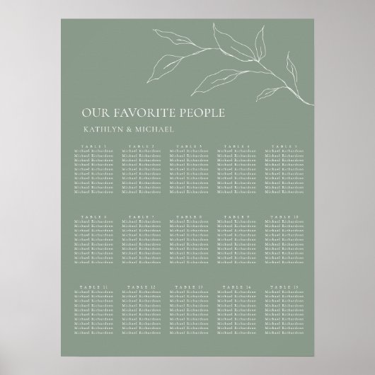 Poster Sage Vert Feuille d'olive Mariage 15 Table Sièges (Devant)