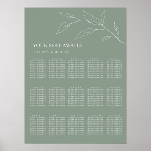 Poster Sage Vert Feuille d'olive Mariage 15 Table Sièges (Devant)