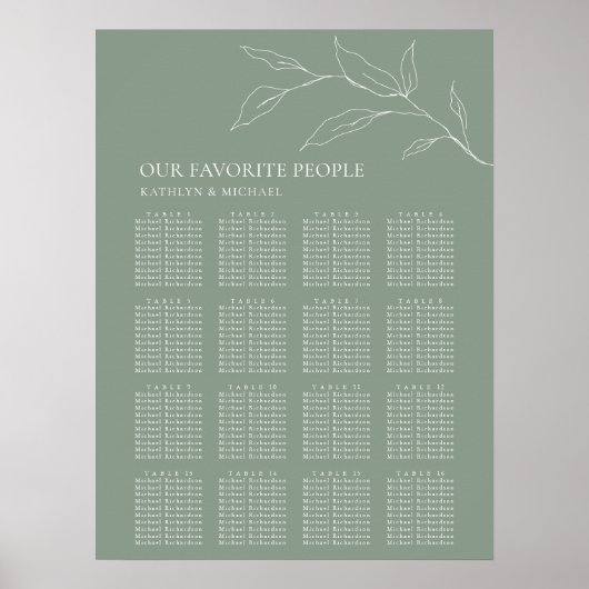 Poster Sage Vert Feuille d'olive Mariage 16 Table Sièges (Devant)