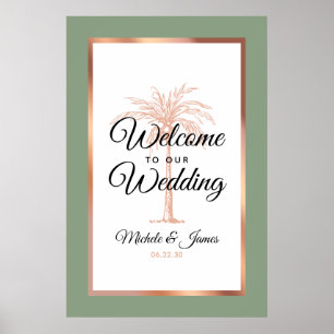 Poster Sage Vert Moderne Rose Or Palmier Mariage Bienvenu