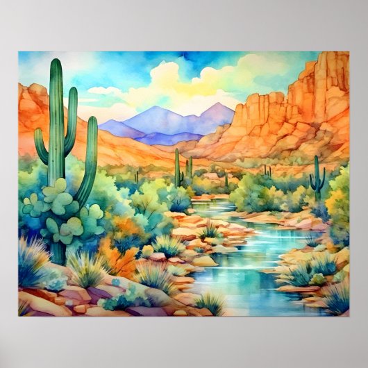 Poster Saguaro Cactus Arizona Aquarelle Paysage (Devant)