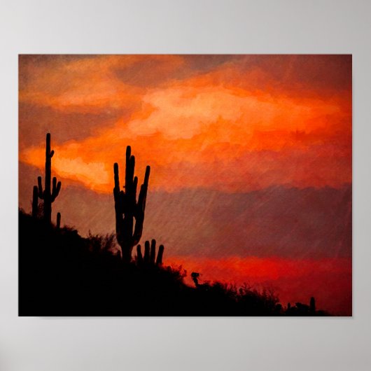Poster Saguaro Cactus Silhouette Arizona Red Sunset (Devant)