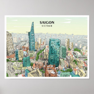 Poster Saigon Vietnam Sketch Vintage voyage d'art
