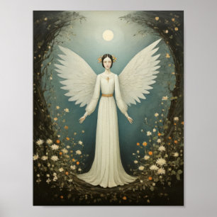 Poster Saint ange avec ailes, entre les fleurs
