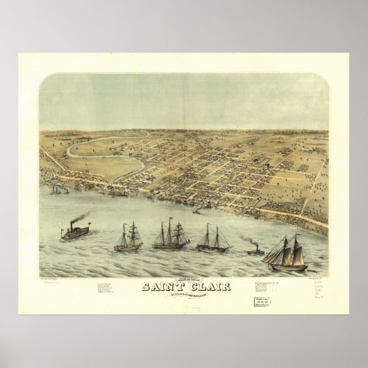 Poster Saint Clair Michigan 1868 Carte panoramique antiqu (Devant)