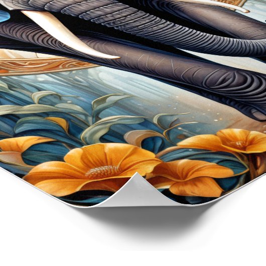 Poster Saint éléphant indien sur motif ethnique et fleurs (Coin)