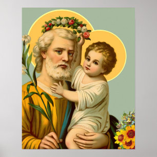 Poster Saint Joseph et Enfant Jésus avec Fleurs de la Cou