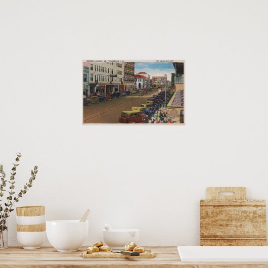 Poster Saint-Pétersbourg, FL - Vue de Central Ave avec/ (Cuisine)