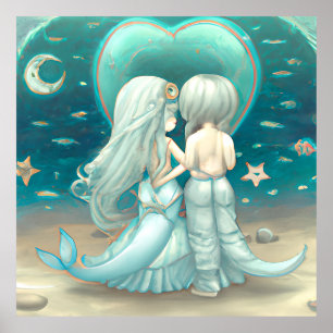 Poster Saint Valentin cadeau belle sirènes amour turquois