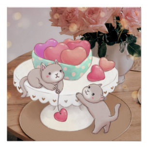 Poster Saint-Valentin : Chats, Coeurs Coeurs Cookies & Fl