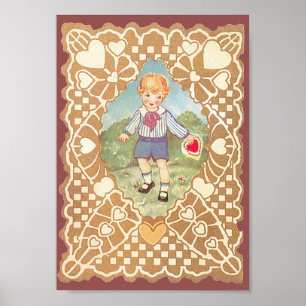 Poster Saint-Valentin mignon vintage, garçon dans une pra